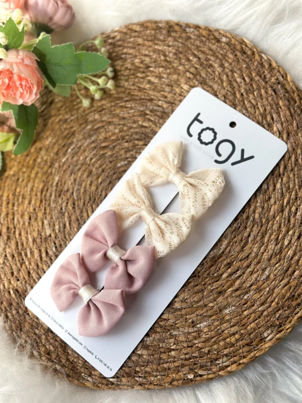 Ekru Dantel Desenli Ve Pudra Kız Çocuk Bebek Toka Seti  - EKRU