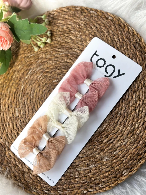 Pembe,Ekru Ve Kahverengi Tül Kız Çocuk Bebek Toka Seti - PEMBE