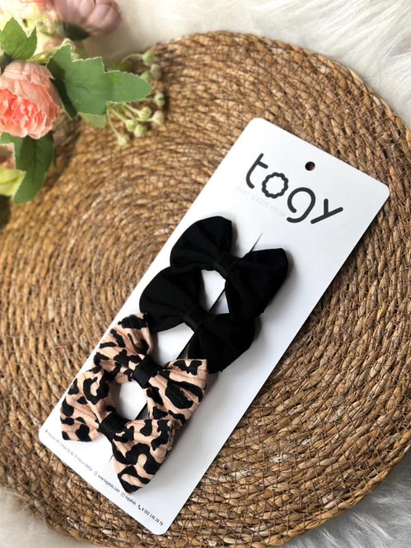 Siyah Fiyonk ve Leopar Desenli Kız Çocuk Bebek Toka Seti - SİYAH