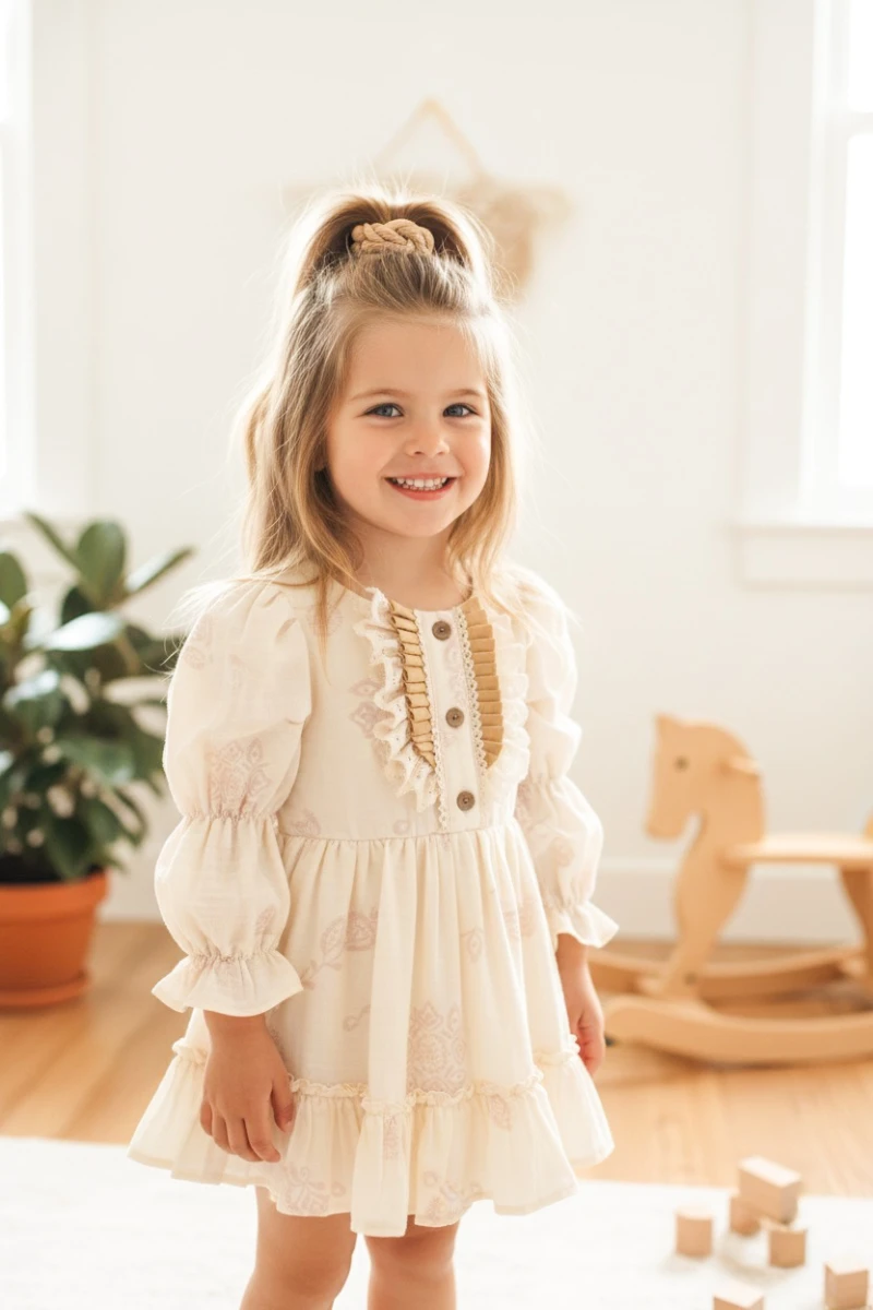 MIRA Uzun Kollu Yaka Detaylı Kız Çocuk Bayramlık Özel Gün Elbisesi  - KREM