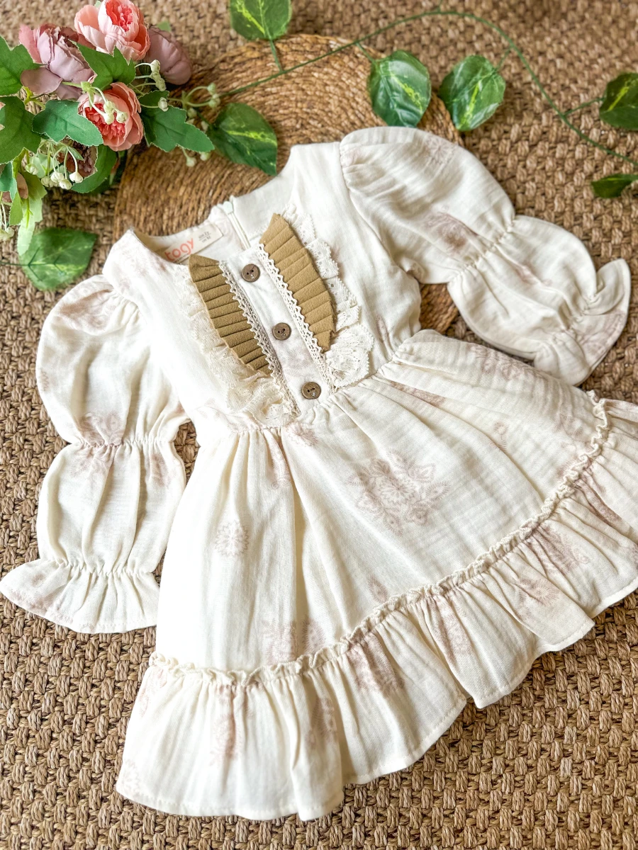 MIRA Uzun Kollu Yaka Detaylı Kız Çocuk Bayramlık Özel Gün Elbisesi  - KREM