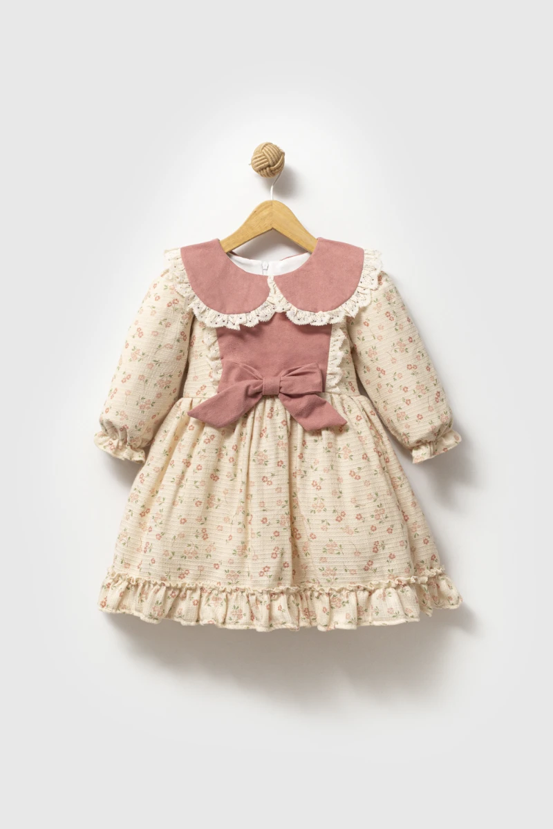 SANABEL Dantel Yaka Detaylı Fırfır Etekli Uzun Kollu Kız Çocuk Bayramlık Özel Gün Elbise - GÜL KURUSU