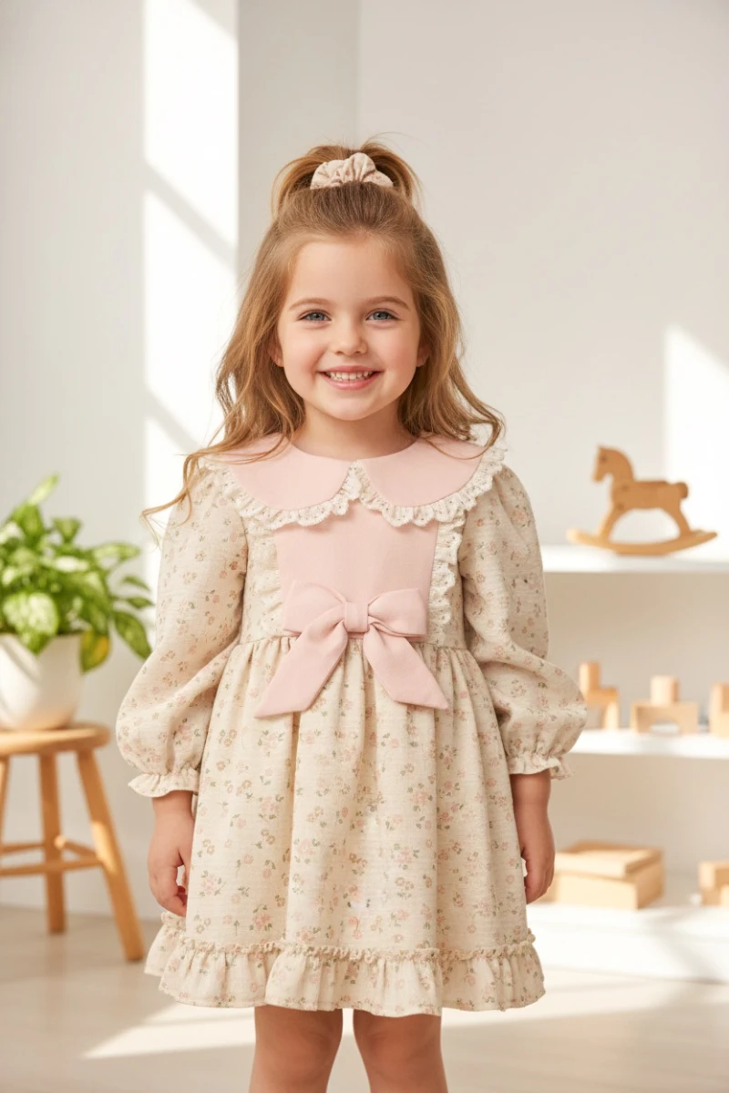 SANABEL Dantel Yaka Detaylı Fırfır Etekli Uzun Kollu Kız Çocuk Bayramlık Özel Gün Elbise - PUDRA