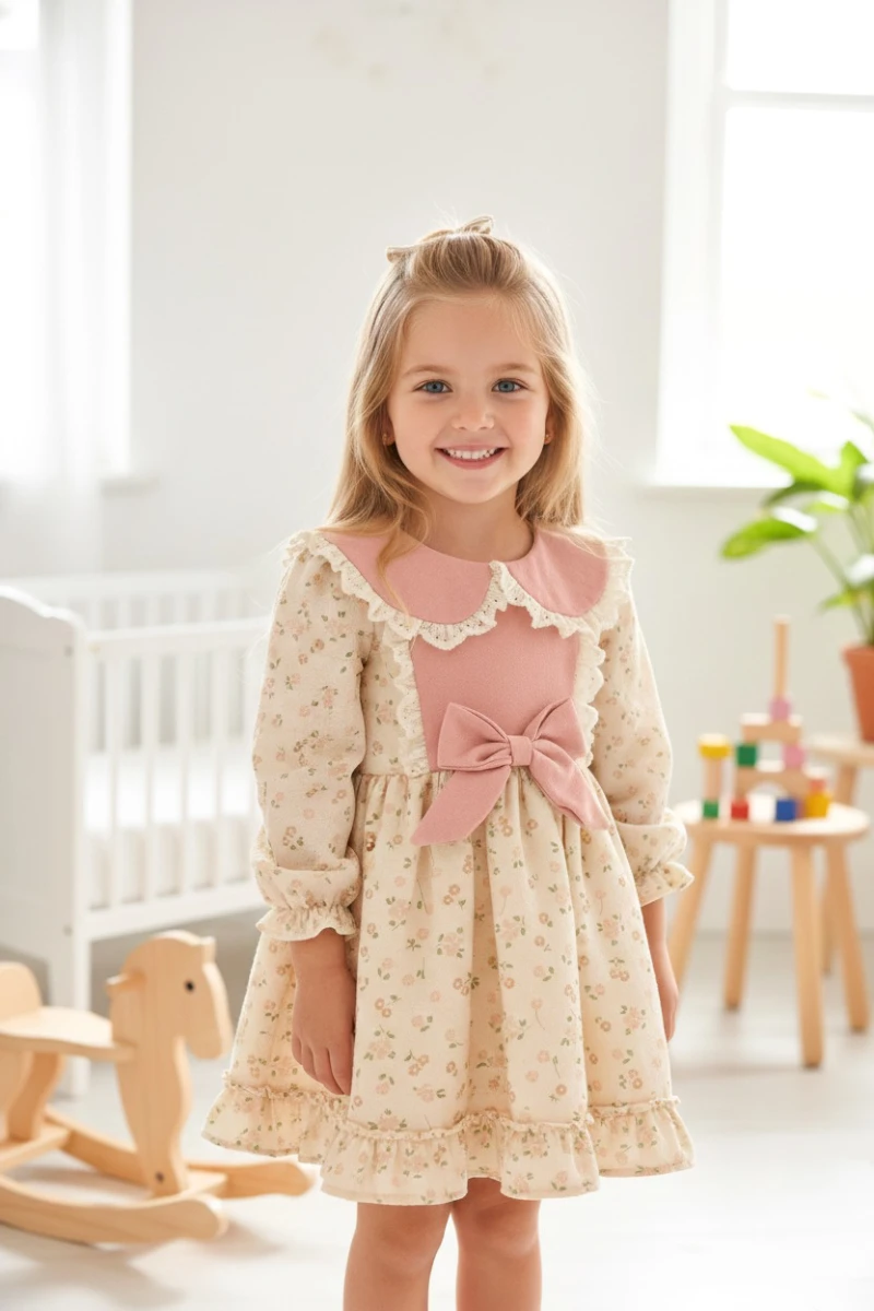 SANABEL Dantel Yaka Detaylı Fırfır Etekli Uzun Kollu Kız Çocuk Bayramlık Özel Gün Elbise - GÜL KURUSU