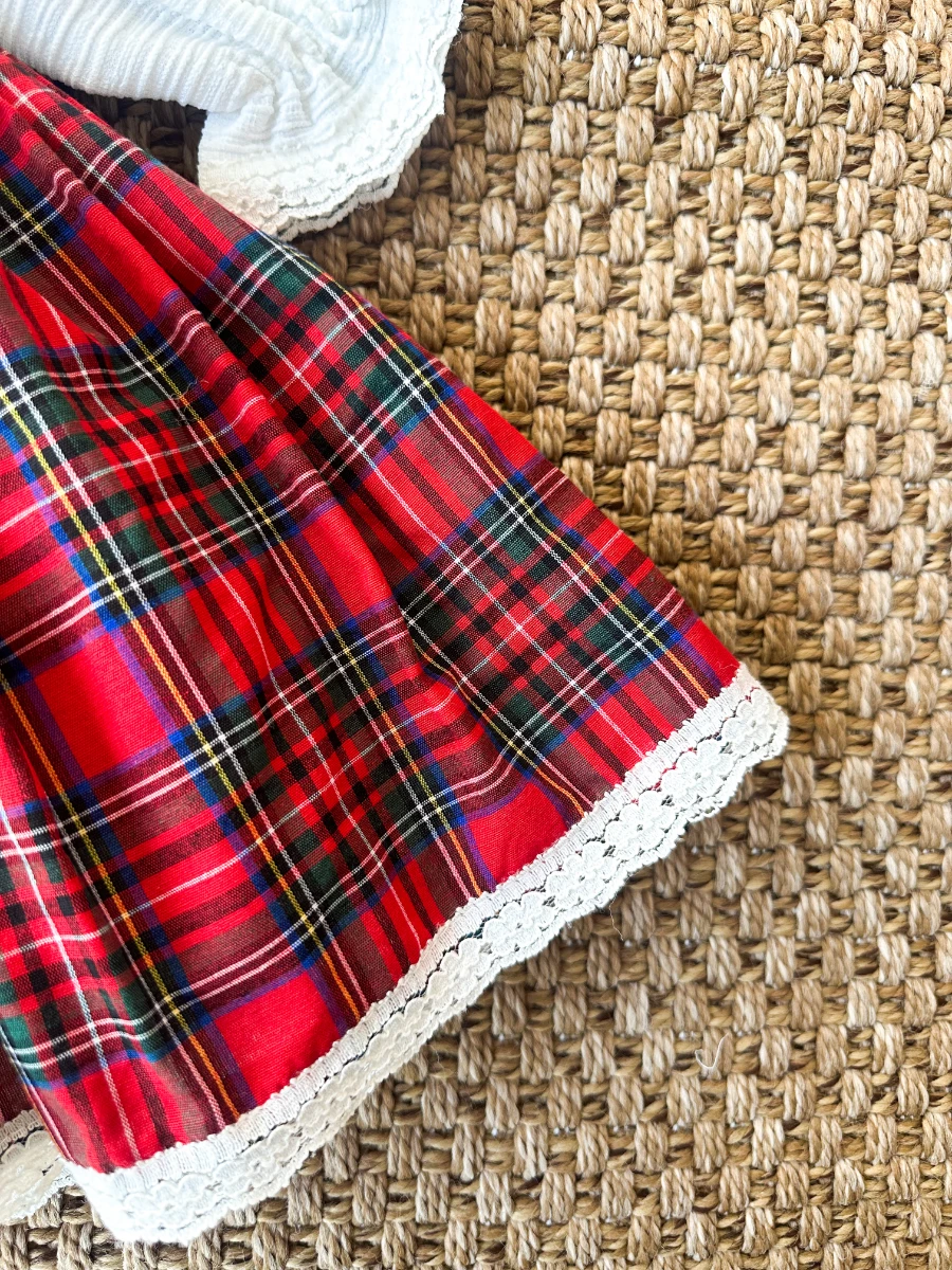 BELİNAY Kız Çocuk Yılbaşı Uzun Kol Tütü Prenses Ekoseli Vintage Elbise  - KIRMIZI