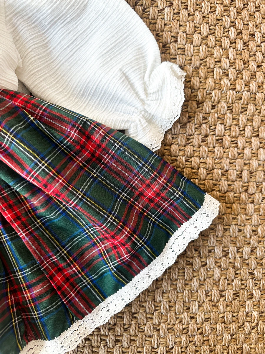 BELİNAY Kız Çocuk Yılbaşı Uzun Kol Tütü Prenses Ekoseli Vintage Elbise  - YEŞİL