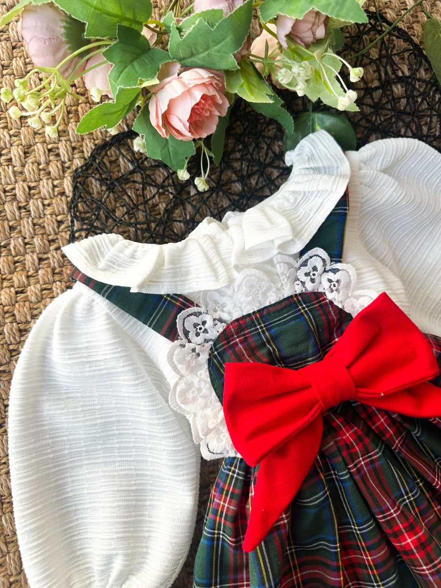 BELİNAY Kız Çocuk Yılbaşı Uzun Kol Tütü Prenses Ekoseli Vintage Elbise  - YEŞİL