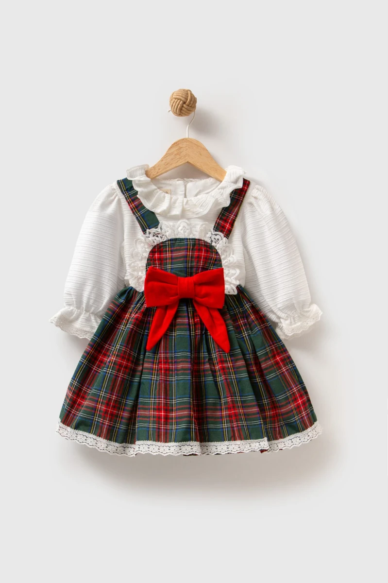 BELİNAY Kız Çocuk Yılbaşı Uzun Kol Tütü Prenses Ekoseli Vintage Elbise  - YEŞİL