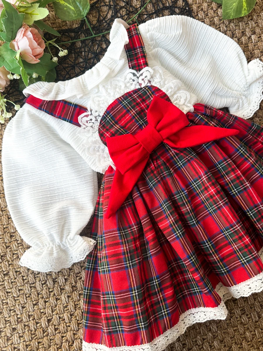 BELİNAY Kız Çocuk Yılbaşı Uzun Kol Tütü Prenses Ekoseli Vintage Elbise  - KIRMIZI