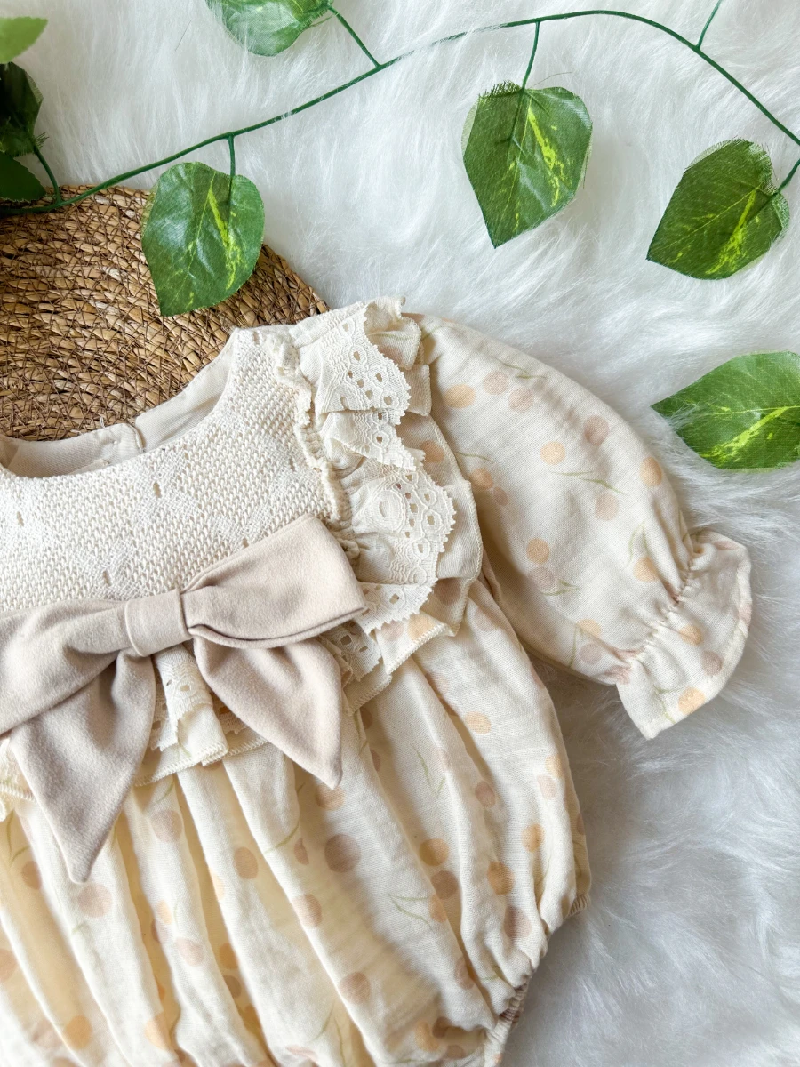 GALE Uzun Kollu Dantel Detaylı Özel Gün Bayramlık Kız Bebek Romper - BEJ