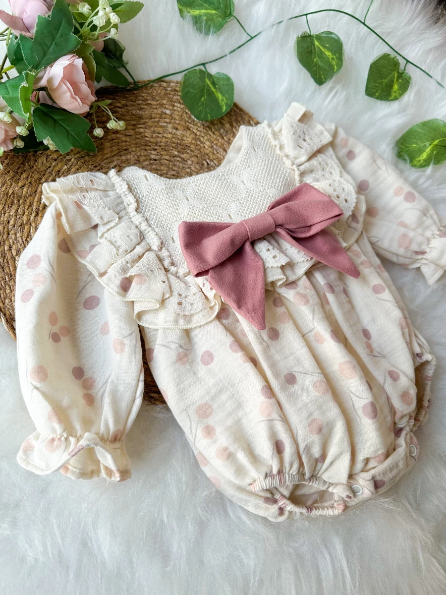 GALE Uzun Kollu Dantel Detaylı Özel Gün Bayramlık Kız Bebek Romper - GÜL KURUSU