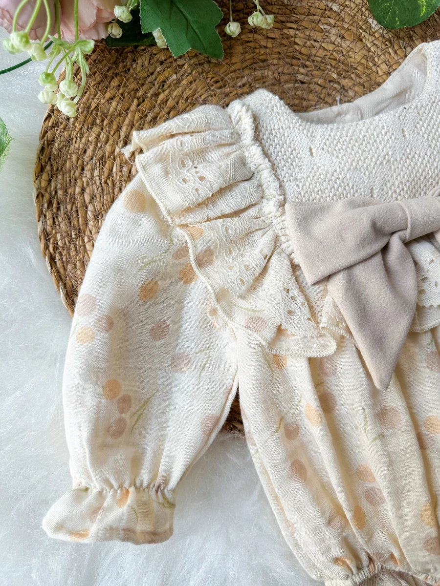 GALE Uzun Kollu Dantel Detaylı Özel Gün Bayramlık Kız Bebek Romper - BEJ