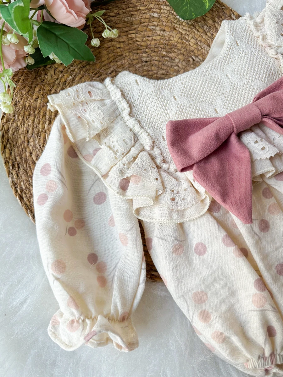 GALE Uzun Kollu Dantel Detaylı Özel Gün Bayramlık Kız Bebek Romper - GÜL KURUSU