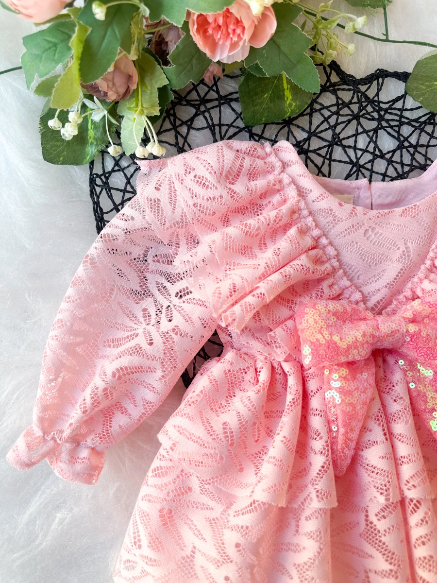 LOLA Kız Bebek Pembe Dantel Detaylı Uzun Kollu Özel Gün Bayramlık Abiye Elbise - PUDRA