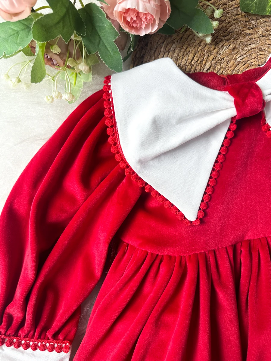 PATRICIA Kırmızı Kadife Beyaz Yakalı Uzun Kollu Özel Gün Bayramlık Kız Çocuk Elbise - KIRMIZI