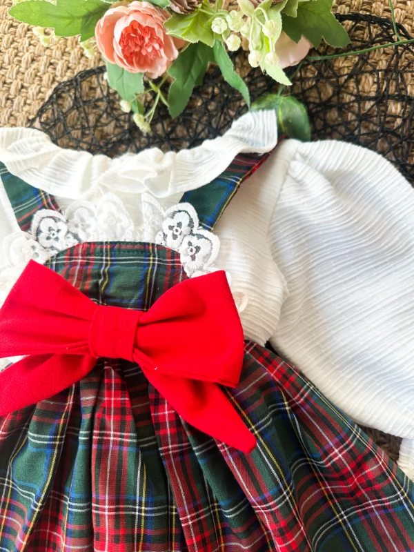 BELİNAY Kız Çocuk Yılbaşı Uzun Kol Tütü Prenses Ekoseli Vintage Elbise  - YEŞİL