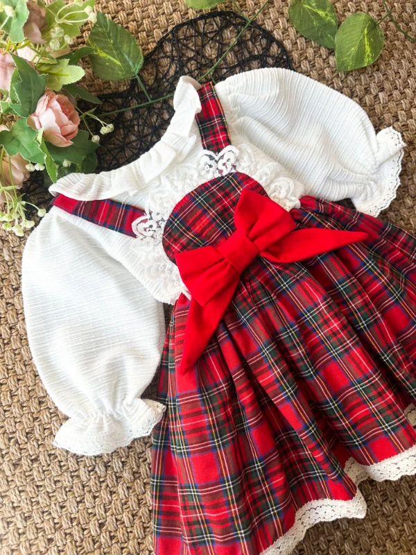 BELİNAY Kız Çocuk Yılbaşı Uzun Kol Tütü Prenses Ekoseli Vintage Elbise  - KIRMIZI