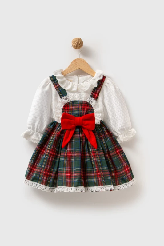 BELİNAY Kız Çocuk Yılbaşı Uzun Kol Tütü Prenses Ekoseli Vintage Elbise  - YEŞİL