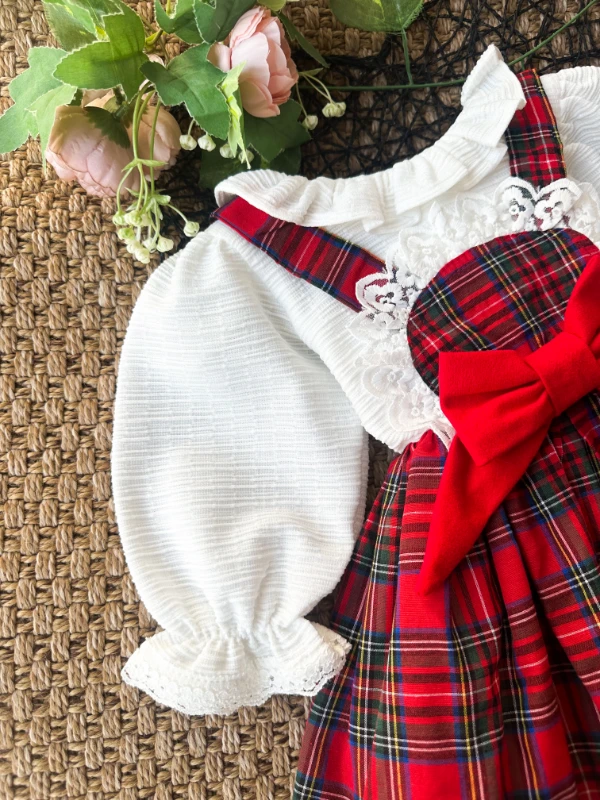 BELİNAY Kız Çocuk Yılbaşı Uzun Kol Tütü Prenses Ekoseli Vintage Elbise  - KIRMIZI