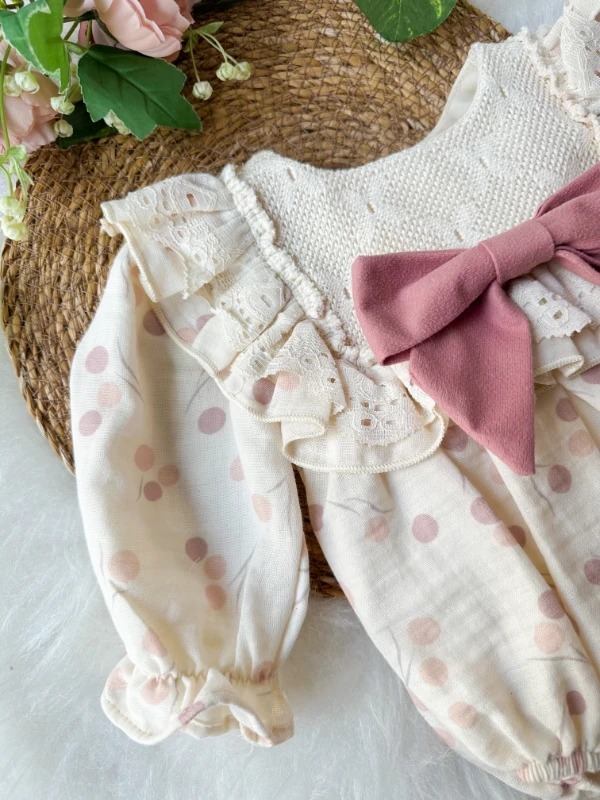 GALE Uzun Kollu Dantel Detaylı Özel Gün Bayramlık Kız Bebek Romper - GÜL KURUSU