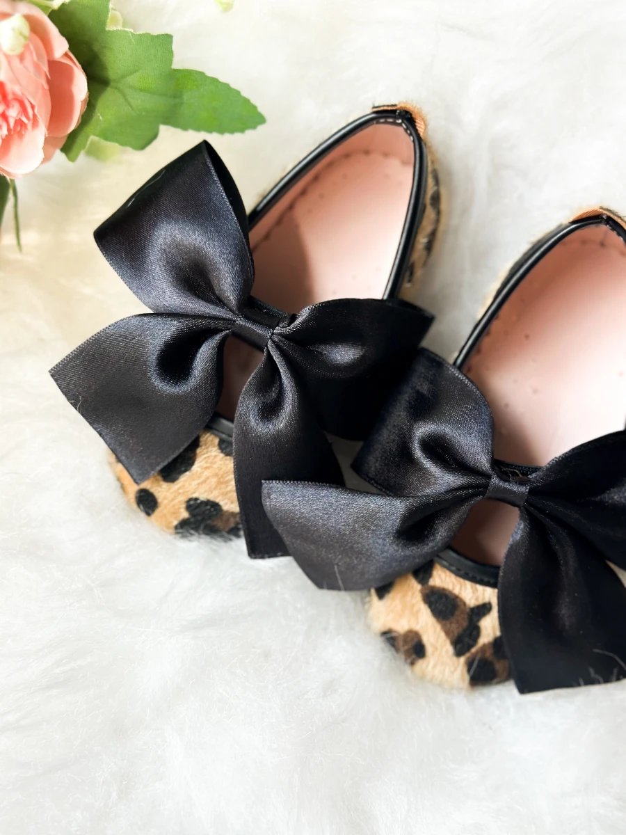 Saten Fiyonklu Leopar Desenli Kız Çocuk Bebek Babet  - KAHVERENGİ