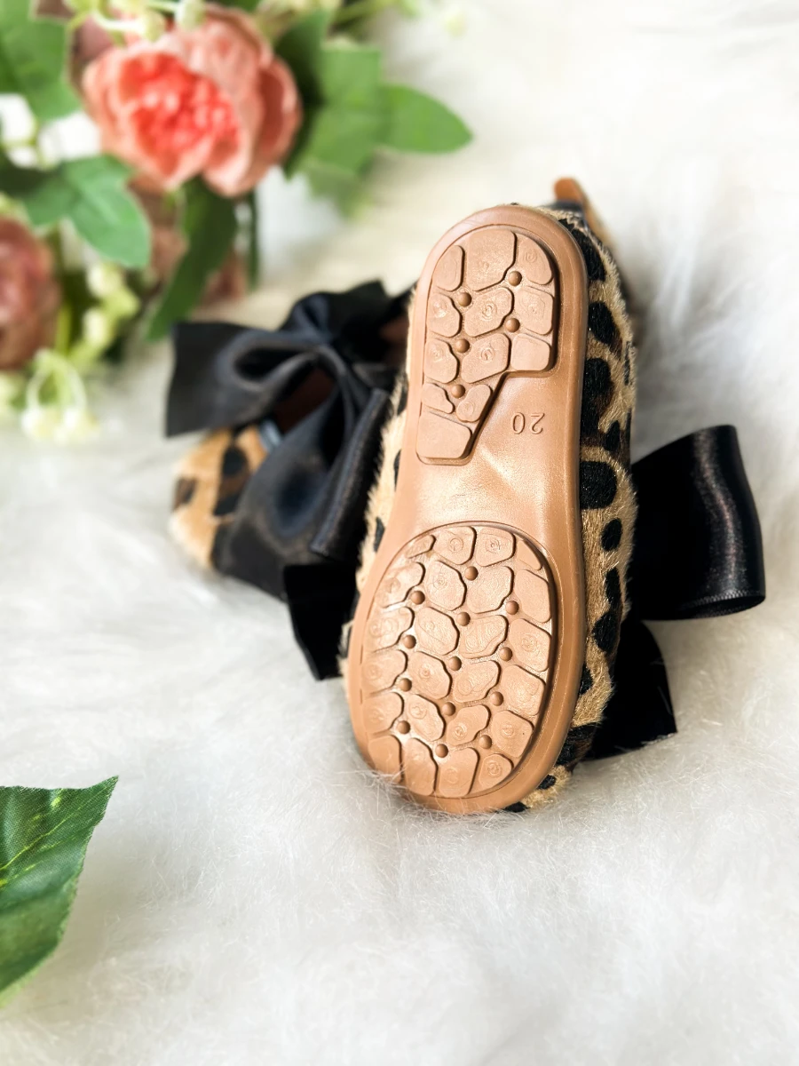 Saten Fiyonklu Leopar Desenli Kız Çocuk Bebek Babet  - KAHVERENGİ