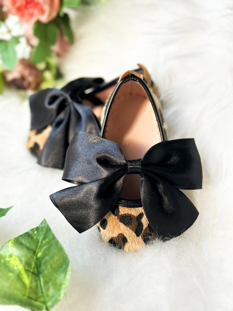 Saten Fiyonklu Leopar Desenli Kız Çocuk Bebek Babet  - KAHVERENGİ