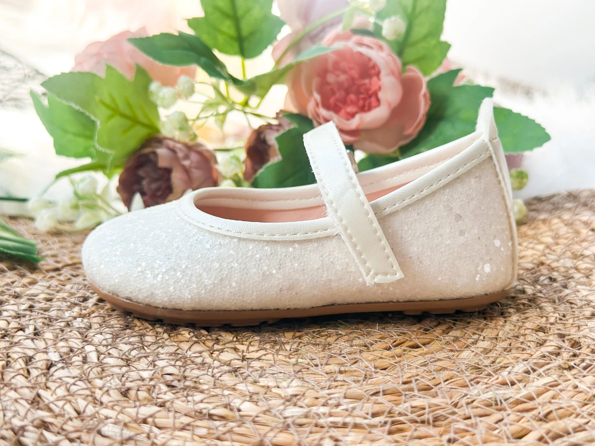 Beyaz Taşlı Simli Kız Çocuk Bebek Babet Ayakkabı - BEYAZ