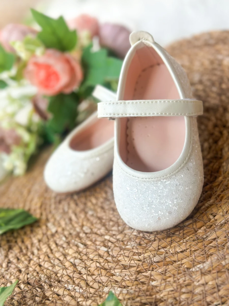 Beyaz Taşlı Simli Kız Çocuk Bebek Babet Ayakkabı - BEYAZ