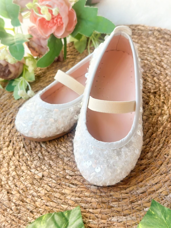 Beyaz Payetli Kız Çocuk Bebek Babet Ayakkabı - BEYAZ