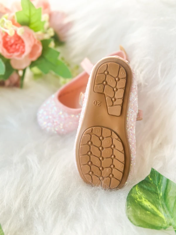 Pembe Taşlı Simli Kız Çocuk Bebek Babet Ayakkabı - PEMBE