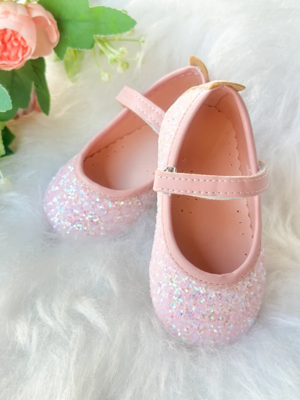 Pembe Taşlı Simli Kız Çocuk Bebek Babet Ayakkabı - PEMBE