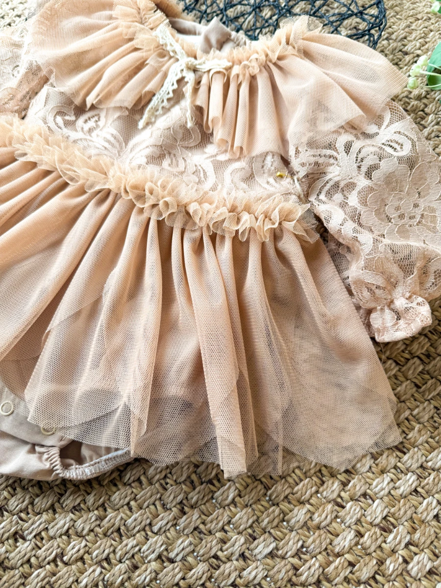 CORA Romper Tütülü Özel Gün  Uzun Kollu Kız Bebek Elbise  - BEJ