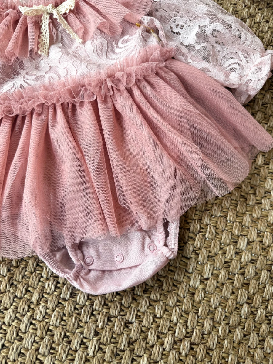 CORA Romper Tütülü Özel Gün  Uzun Kollu Kız Bebek Elbise  - ROSE