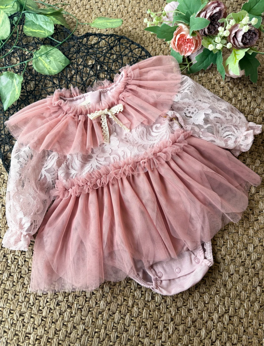 CORA Romper Tütülü Özel Gün  Uzun Kollu Kız Bebek Elbise  - ROSE