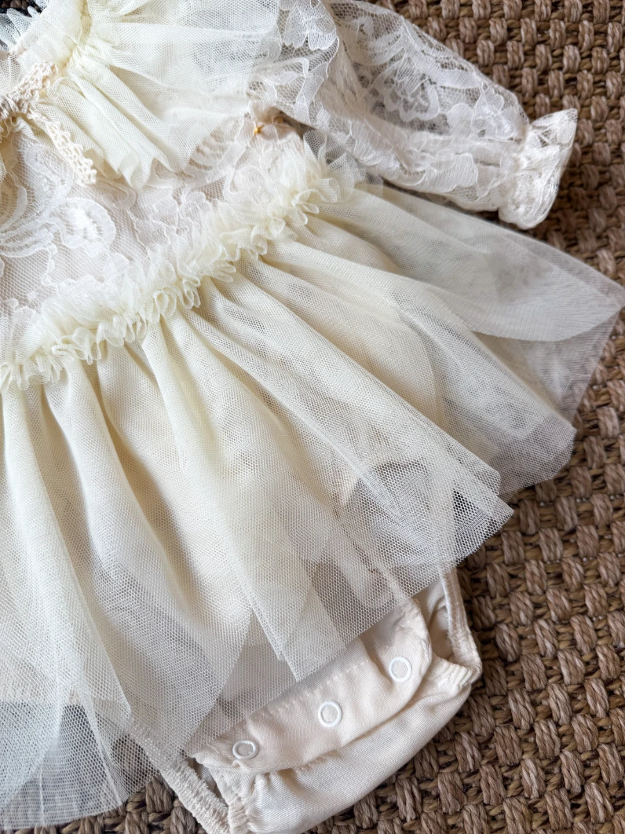 CORA Romper Tütülü Özel Gün  Uzun Kollu Kız Bebek Elbise  - EKRU