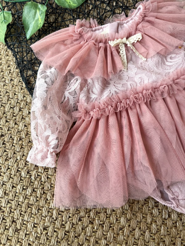 CORA Romper Tütülü Özel Gün  Uzun Kollu Kız Bebek Elbise  - ROSE