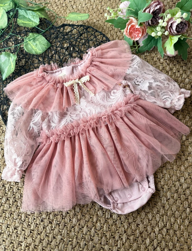 CORA Romper Tütülü Özel Gün  Uzun Kollu Kız Bebek Elbise  - ROSE