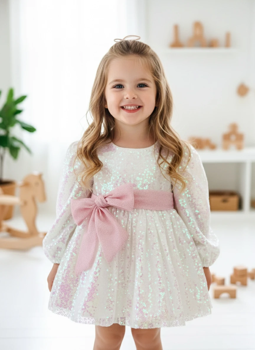 LOTUS Pul Payet Bayramlık Özel Gün Doğum Günü Kız Çocuk Parti Elbise  - BEYAZ
