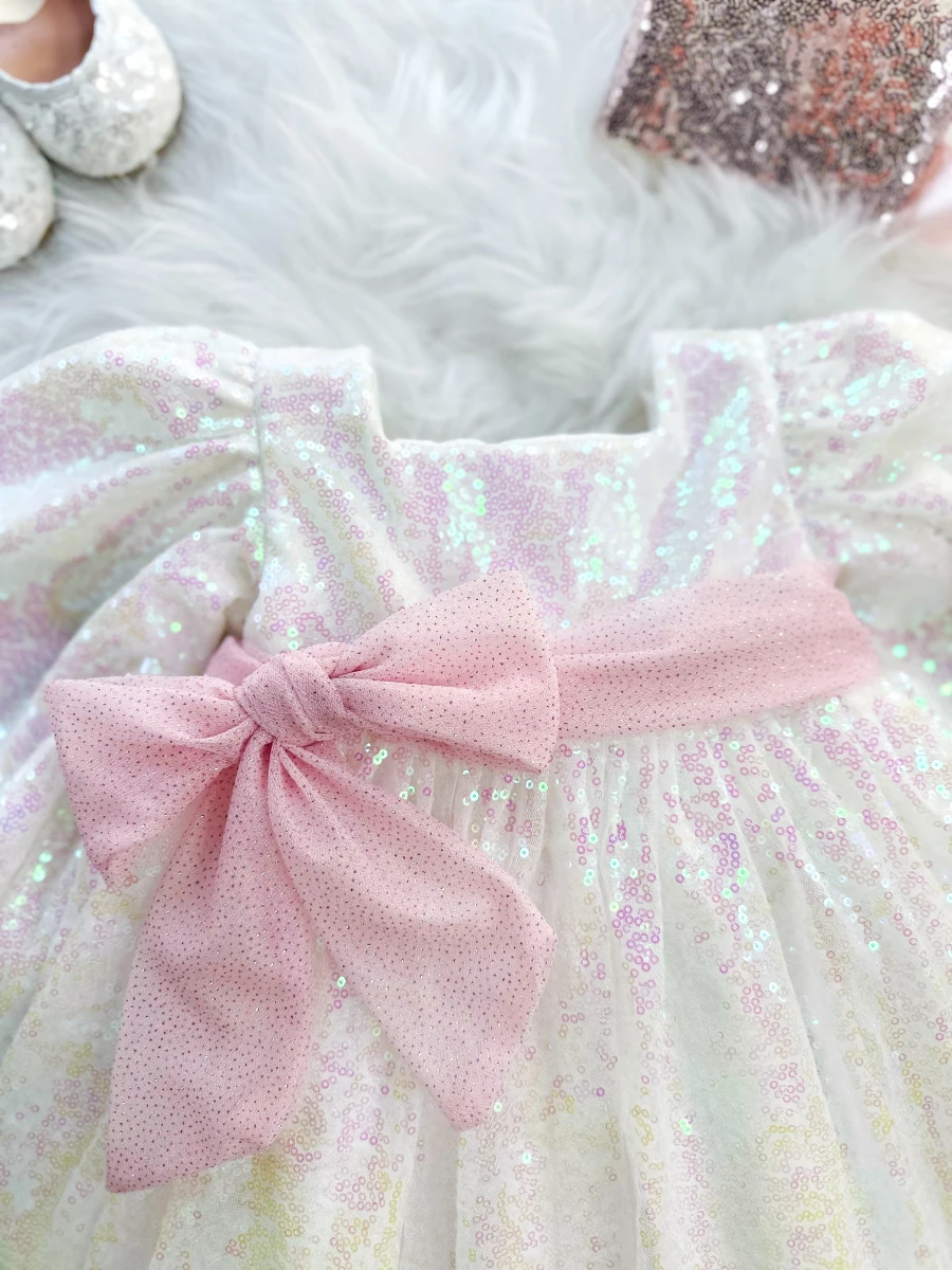 LOTUS Pul Payet Bayramlık Özel Gün Doğum Günü Kız Çocuk Parti Elbise  - BEYAZ