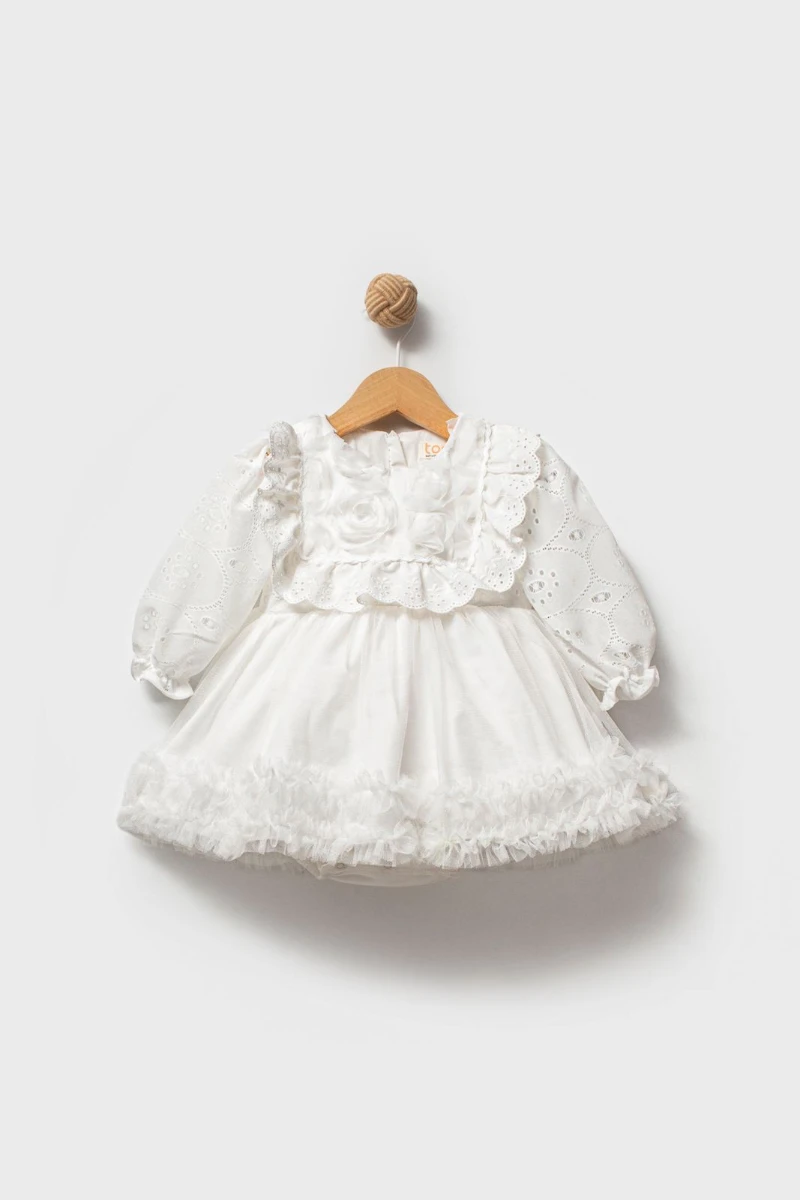 ASTER Beyaz Uzun Kollu Dantel Detaylı Etekli Kız Çocuk Bebek Özel Gün Bayramlık Elbise  - BEYAZ