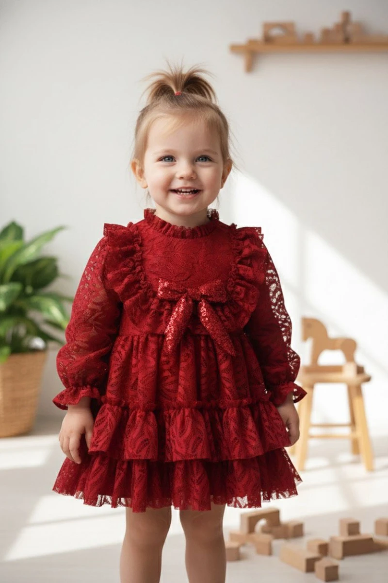 CLEO Kız Çocuk Pembe,Ekru,Kırmızı Dantel Detaylı Uzun Kollu Özel Gün Bayramlık Elbise - KIRMIZI