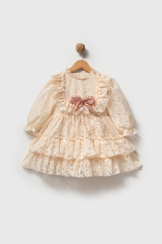 CLEO Kız Çocuk Pembe,Ekru,Kırmızı Dantel Detaylı Uzun Kollu Özel Gün Bayramlık Elbise - EKRU