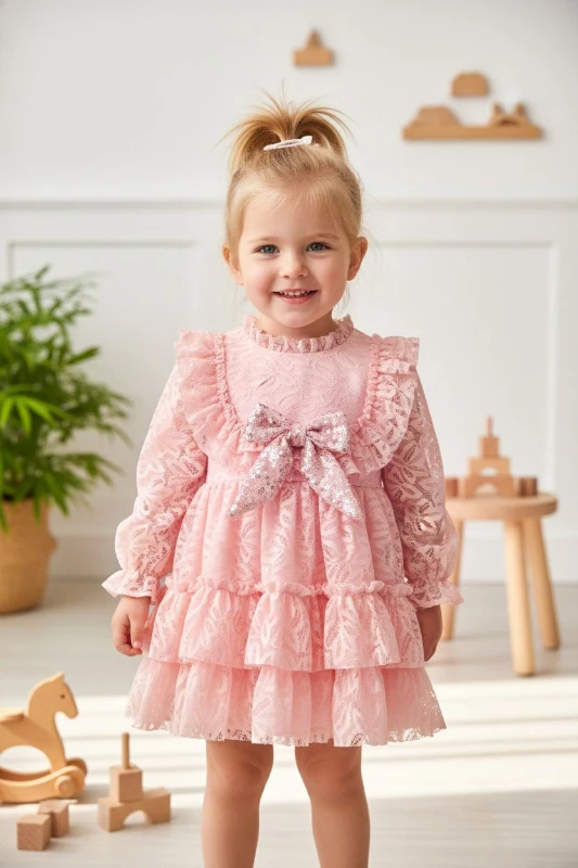 CLEO Kız Çocuk Pembe,Ekru,Kırmızı Dantel Detaylı Uzun Kollu Özel Gün Bayramlık Elbise - PEMBE