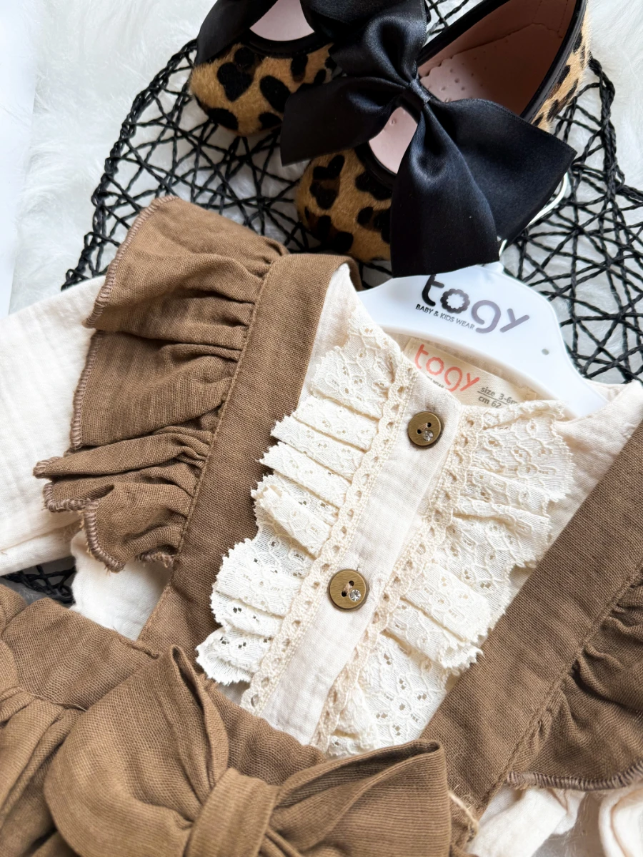 BATHANEY Vintage Fiyonklu Bayramlık Özel Gün Kız Bebek Romper - KAHVERENGİ