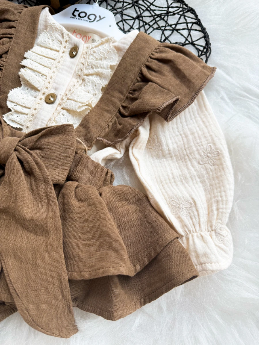 BATHANEY Vintage Fiyonklu Bayramlık Özel Gün Kız Bebek Romper - KAHVERENGİ