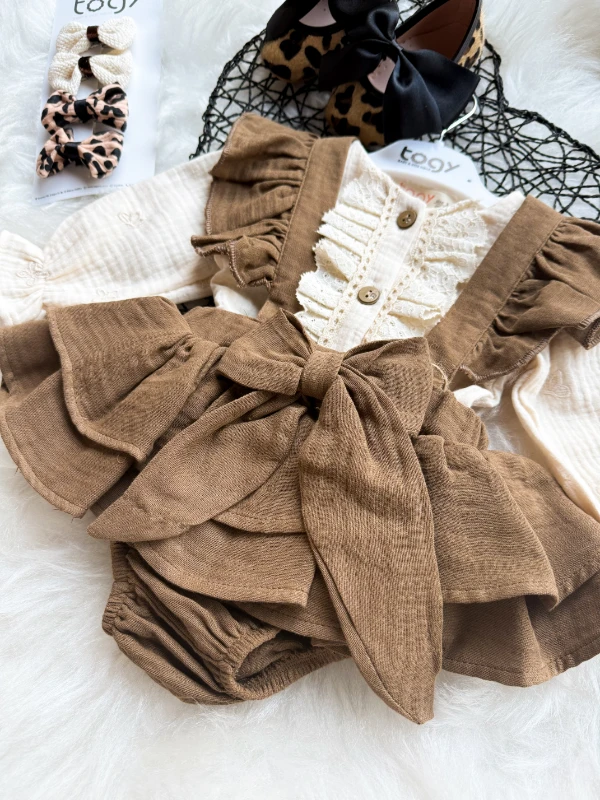 BATHANEY Vintage Fiyonklu Bayramlık Özel Gün Kız Bebek Romper - KAHVERENGİ