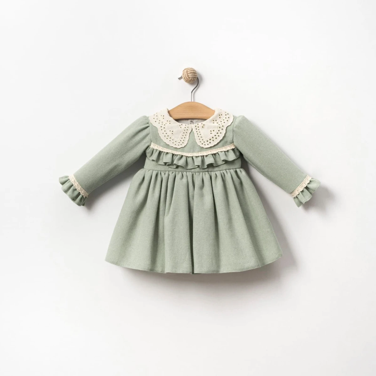 MILLA Dantel Yakalı Vintage Uzun Kollu Bayramlık Özel gün Kız Bebek Elbise - YEŞİL
