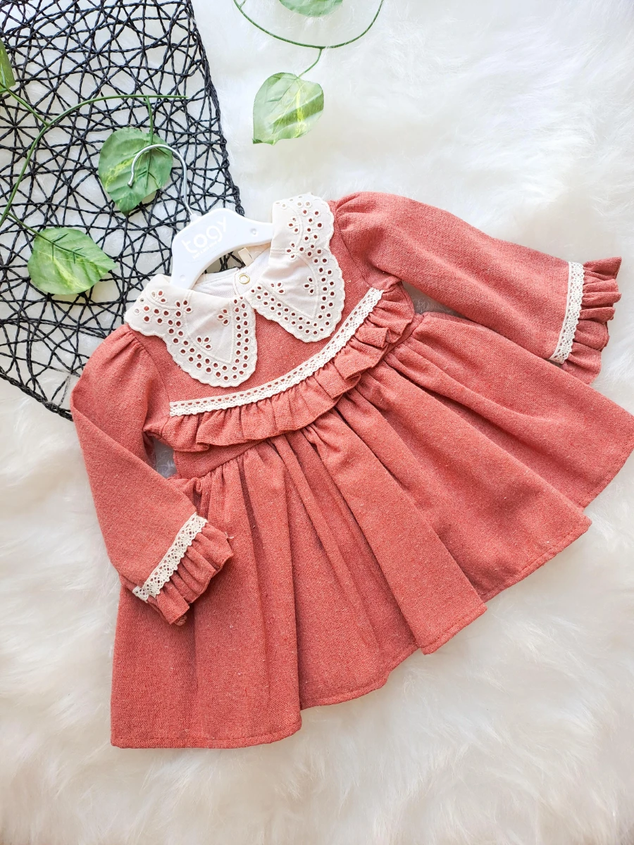 MILLA Dantel Yakalı Vintage Uzun Kollu Bayramlık Özel gün Kız Bebek Elbise - KİREMİT