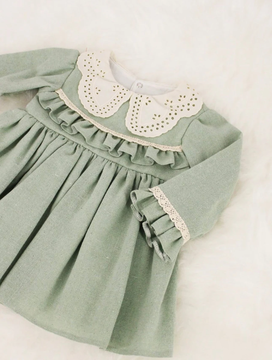 MILLA Dantel Yakalı Vintage Uzun Kollu Bayramlık Özel gün Kız Bebek Elbise - YEŞİL